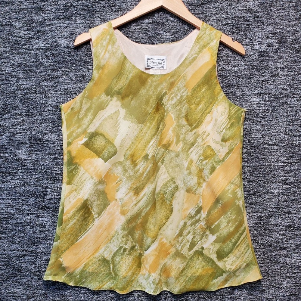 Artesia Tank Blouse‎ Womens XL Yellow Olive Green Watercolor Abstract Sleeveless